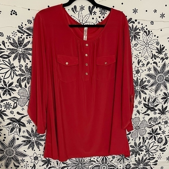 Burnt orange three quarter sleeve plus size top with gold button detail - Picture 2 of 10